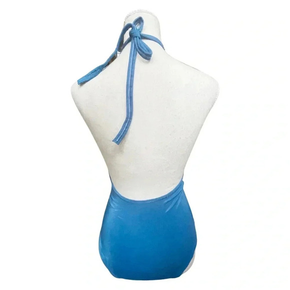 Vintage 1970s Blue Halter One-Piece Swimsuit Size 9/10 Retro Backless Swim Suit - Picture 6 of 8